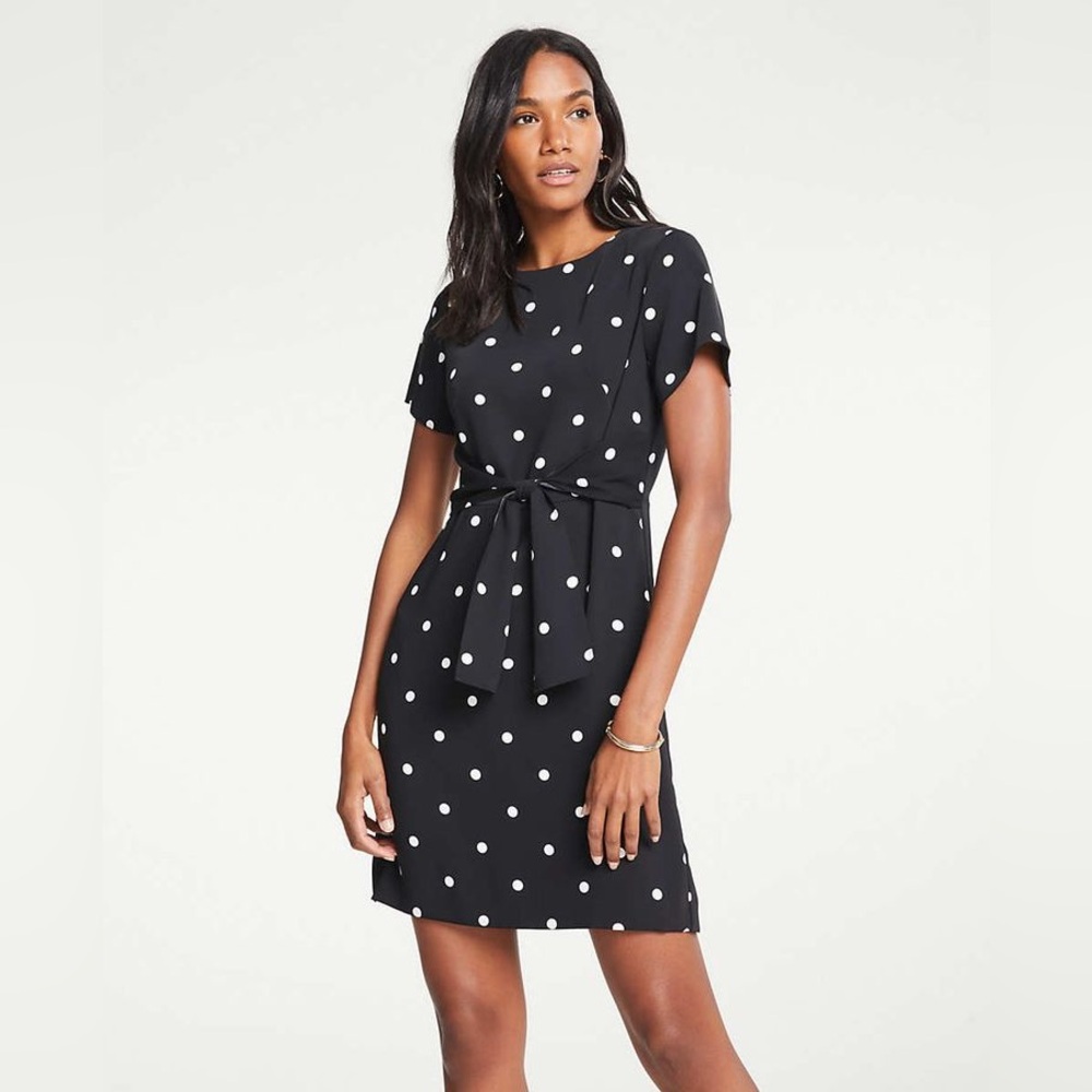Ann Taylor Black White Polka Dot Tie Front T-Shirt Shift Short Sleeve Dress 10